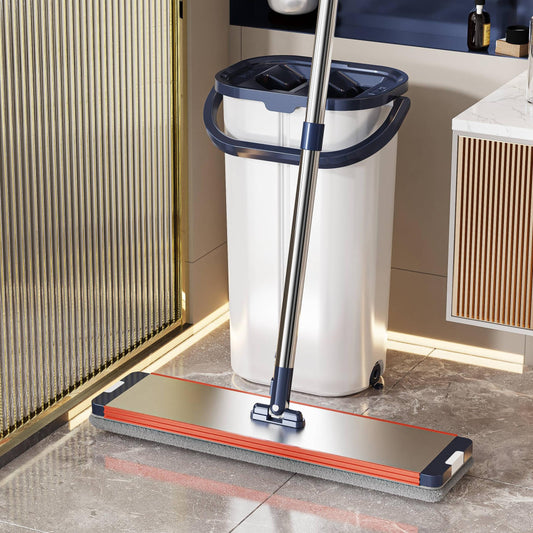 BOSHUO Upgrade 40cmLarge Flat Mop and Bucket System Wet and Dry Use, Home Floor Cleaning System for All Floor Types and Windows