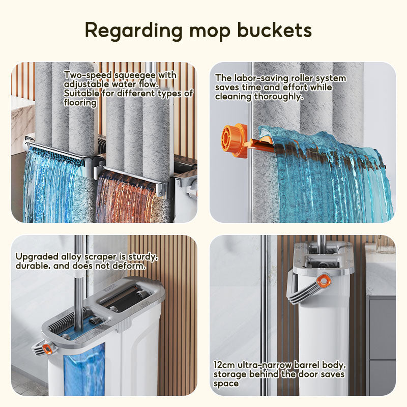 BOSHUO Flat Floor Mop Hands-free Self Cleaning Magic Flat Mop and Bucket Washable Microfiber Pads Included, Wet and Dry Use