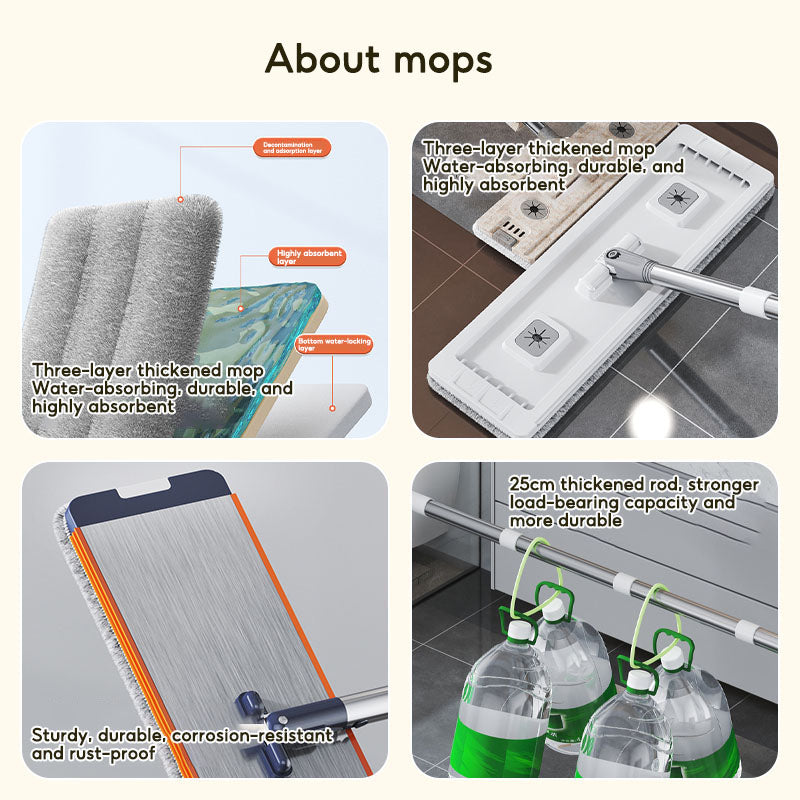 BOSHUO Flat Floor Mop Hands-free Self Cleaning Magic Flat Mop and Bucket Washable Microfiber Pads Included, Wet and Dry Use