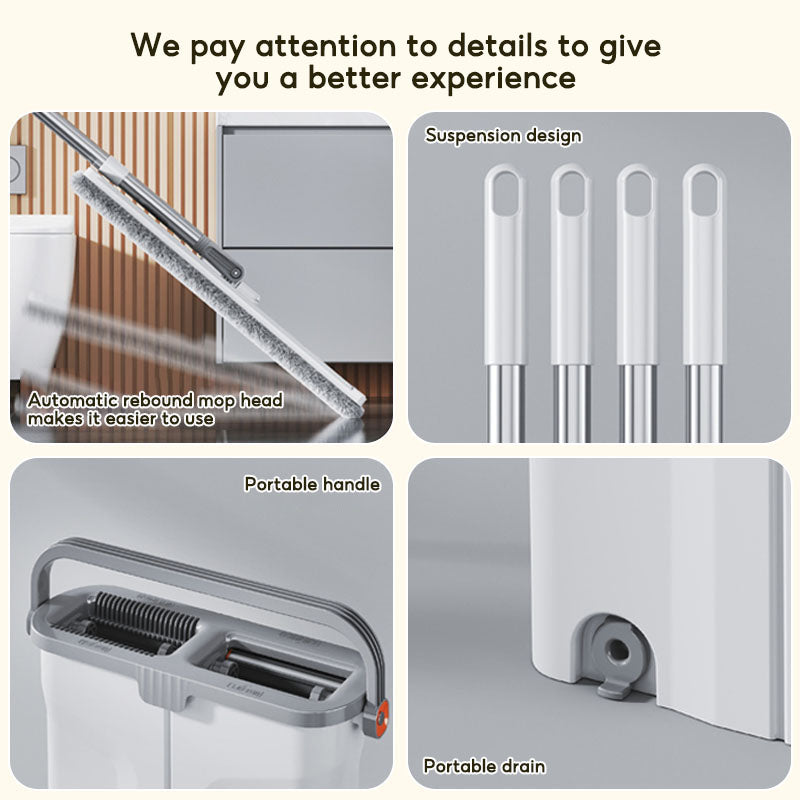 BOSHUO Flat Floor Mop Hands-free Self Cleaning Magic Flat Mop and Bucket Washable Microfiber Pads Included, Wet and Dry Use