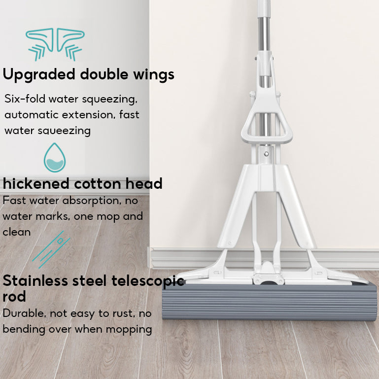 BOSHUO Sponge Mop, One-Mop Clean Household Large Mop Cloth, Hands-Free Washing, Folding Rubber Cotton Head, Water-Absorbing Mop Cloth