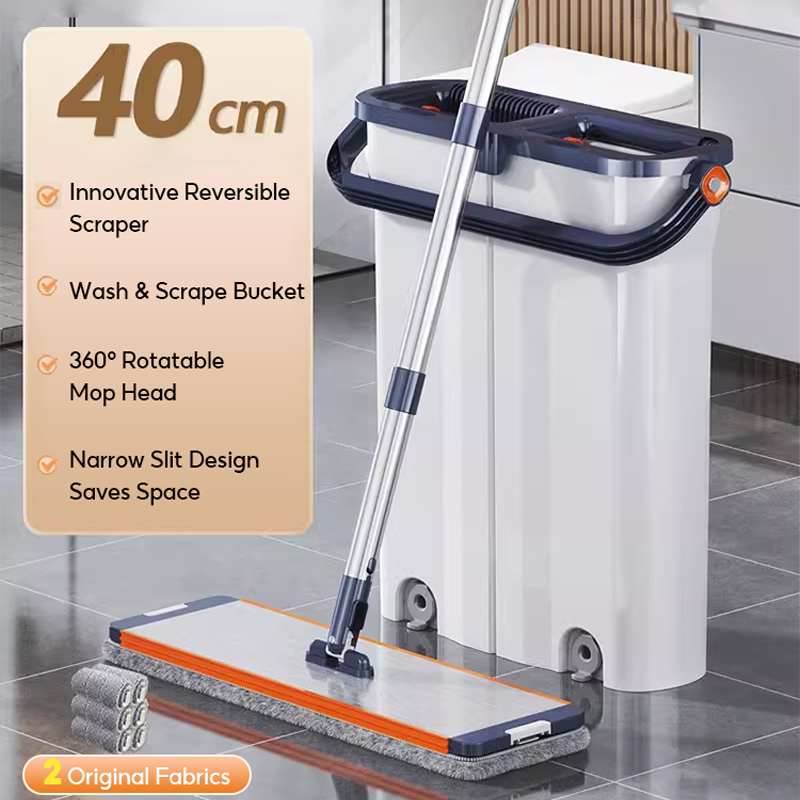 BOSHUO 40cm Large Flat Floor Mop and Bucket Set With Upgrade Wringer Set Wet and Dry Use